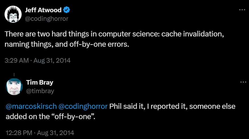 Jeff Atwood @codinghorror, There are two hard things in computer science: cache invalidation, naming things, and off-by-one errors. Tim Bray @timbray @marcoskirsch @codinghorror Phil said it, I reported it, someone else added on the “off-by-one”.