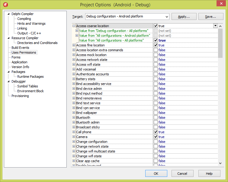 RAD Studio XE5 Android "Uses Permissions" Dialog
