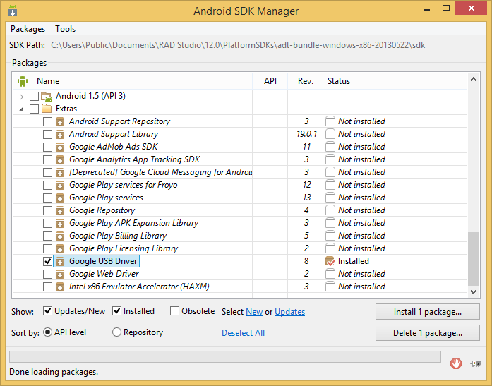 Android SDK Manager - Extras - USB Driver