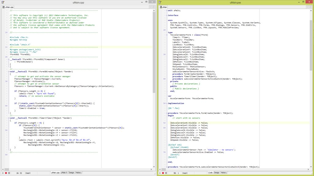 Maximized RAD Studio Code Editor Side-by-Side